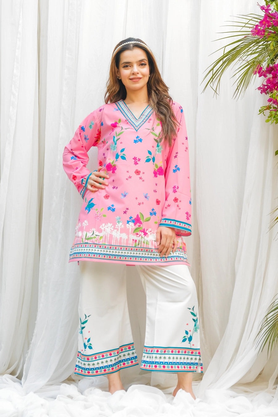 Premium Pink Floral Digital Printed Co-Ord 2PC – Silky Lawn
