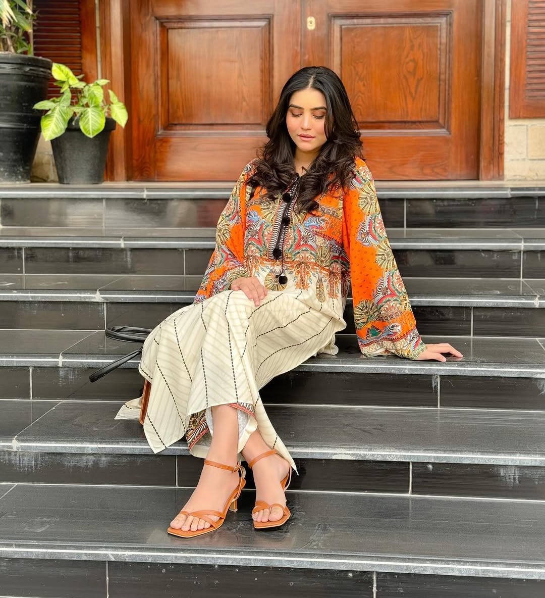 Premium Sunset Bloom Co-Ord Set – 2PC Silky Lawn Suit