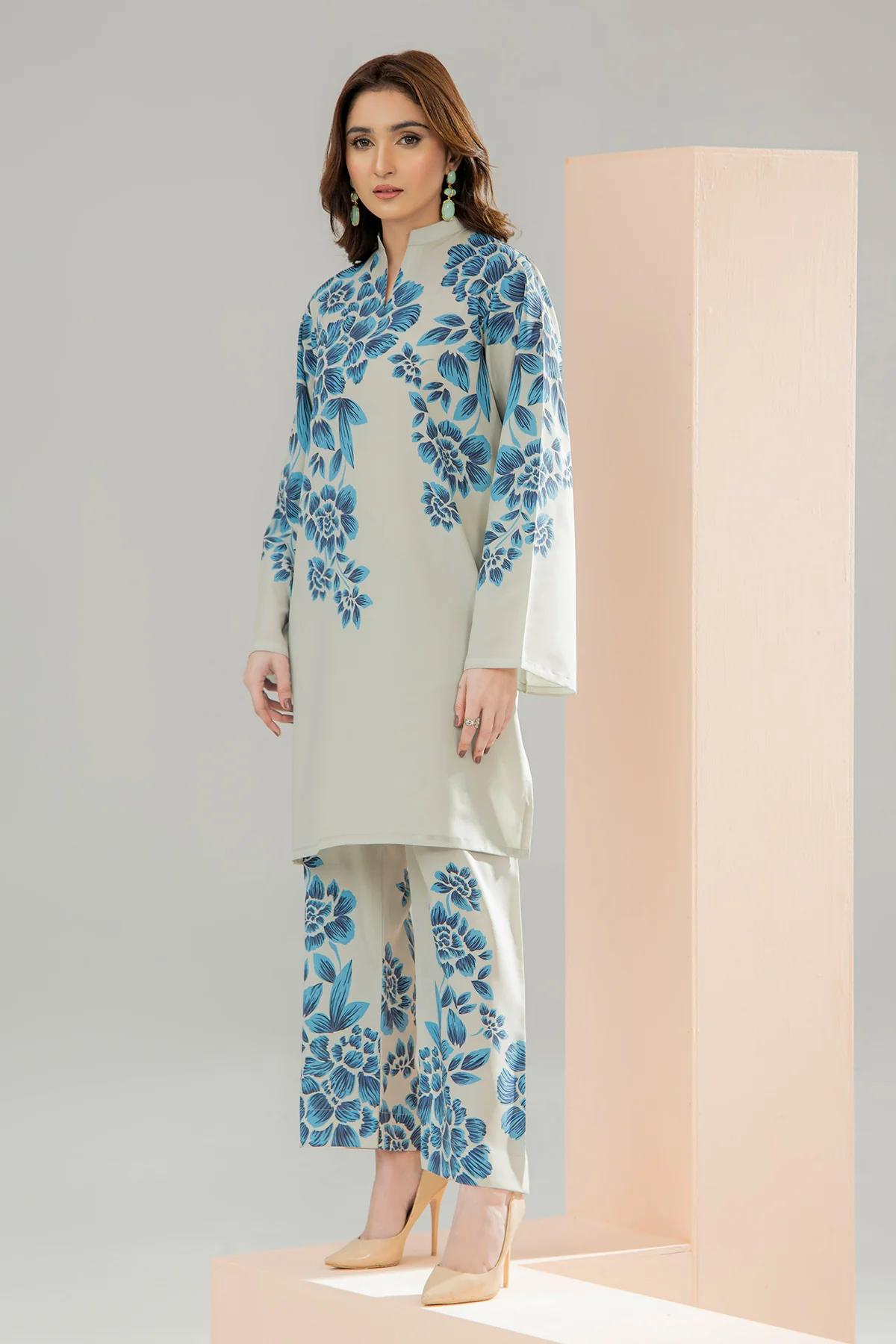 Premium Ocean White Floral Digital Printed Co-Ord 2PC – Silky Lawn