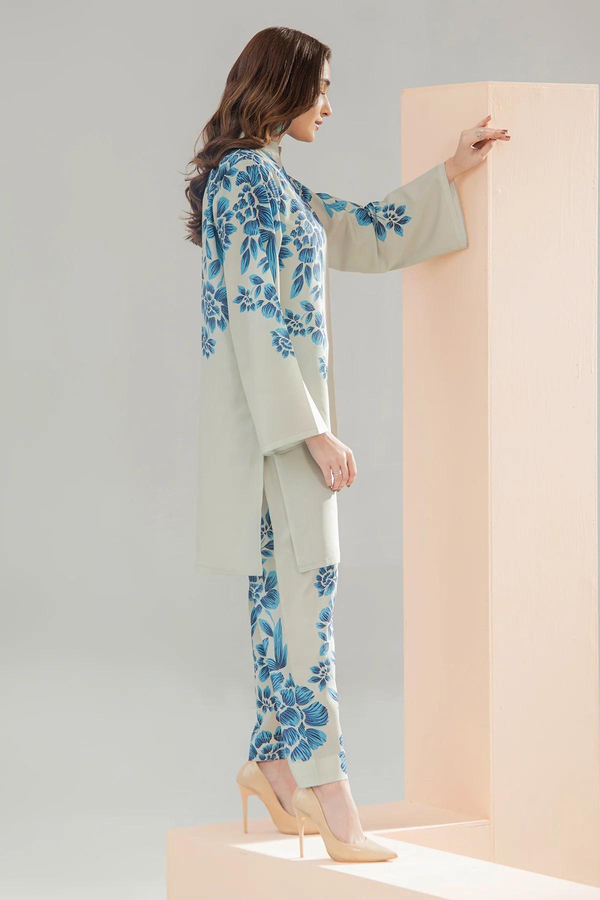 Premium Ocean White Floral Digital Printed Co-Ord 2PC – Silky Lawn