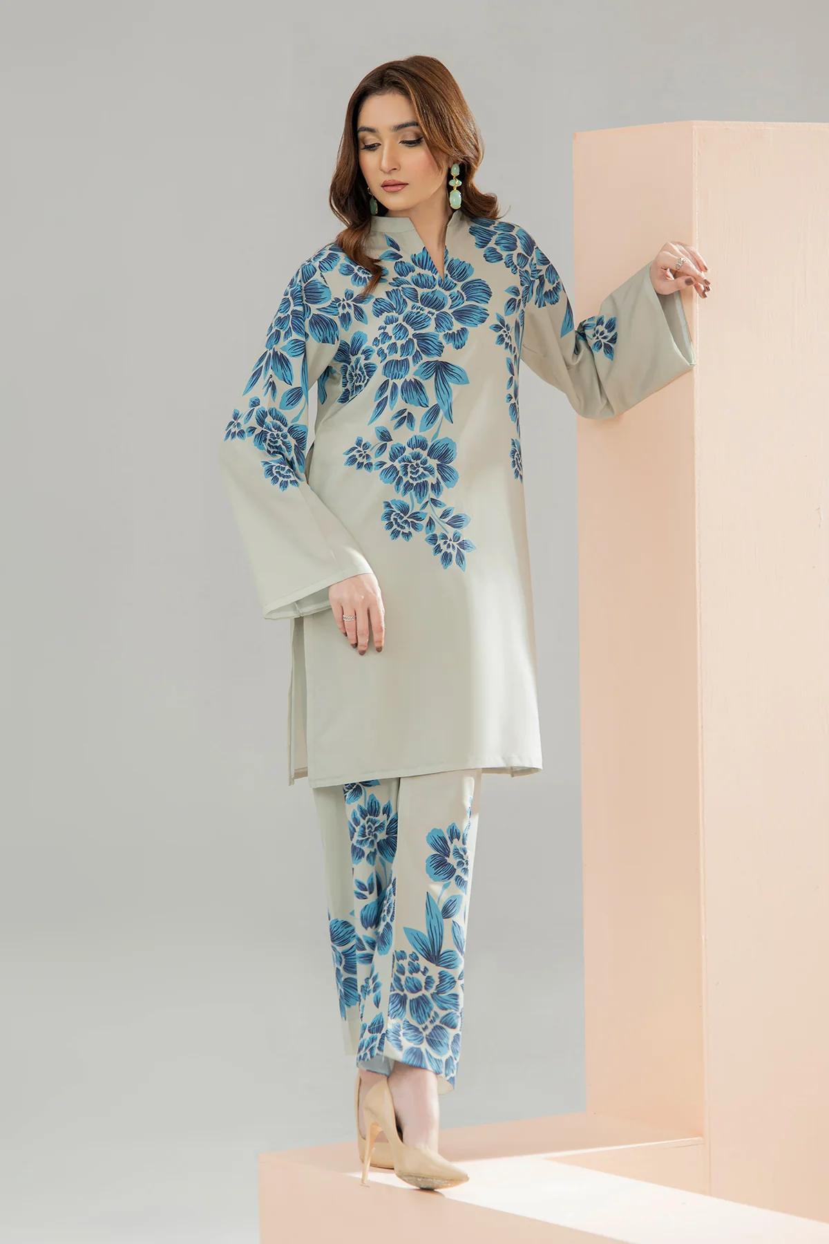 Premium Ocean White Floral Digital Printed Co-Ord 2PC – Silky Lawn