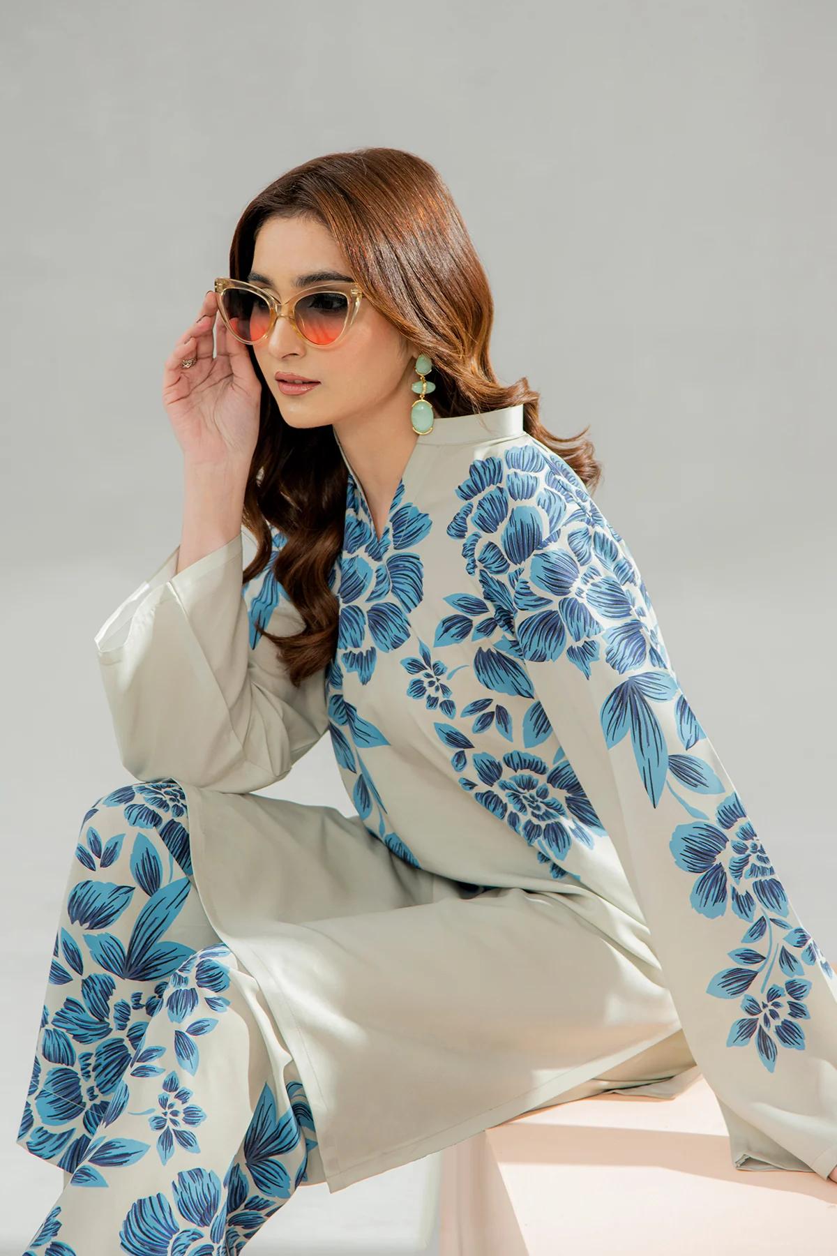 Premium Ocean White Floral Digital Printed Co-Ord 2PC – Silky Lawn